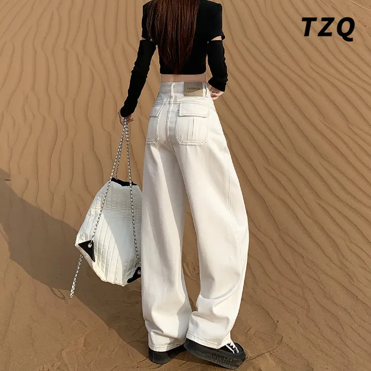 美式复古水洗阔腿牛仔裤女秋季高腰宽松垂感拖地弯刀裤TZQ2591911