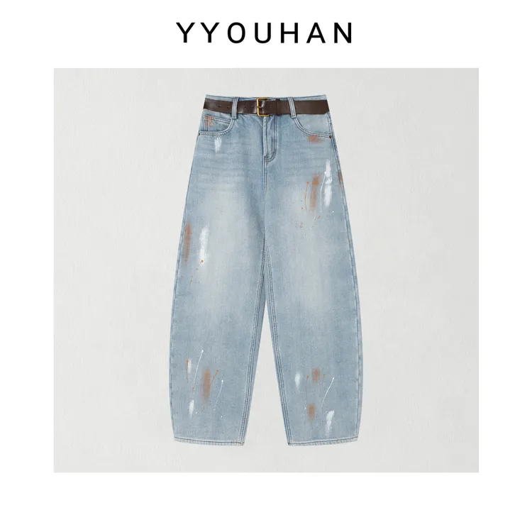 月月 2025冬新款小众美式复古手绘涂鸦做旧加绒牛仔裤 2512C9028