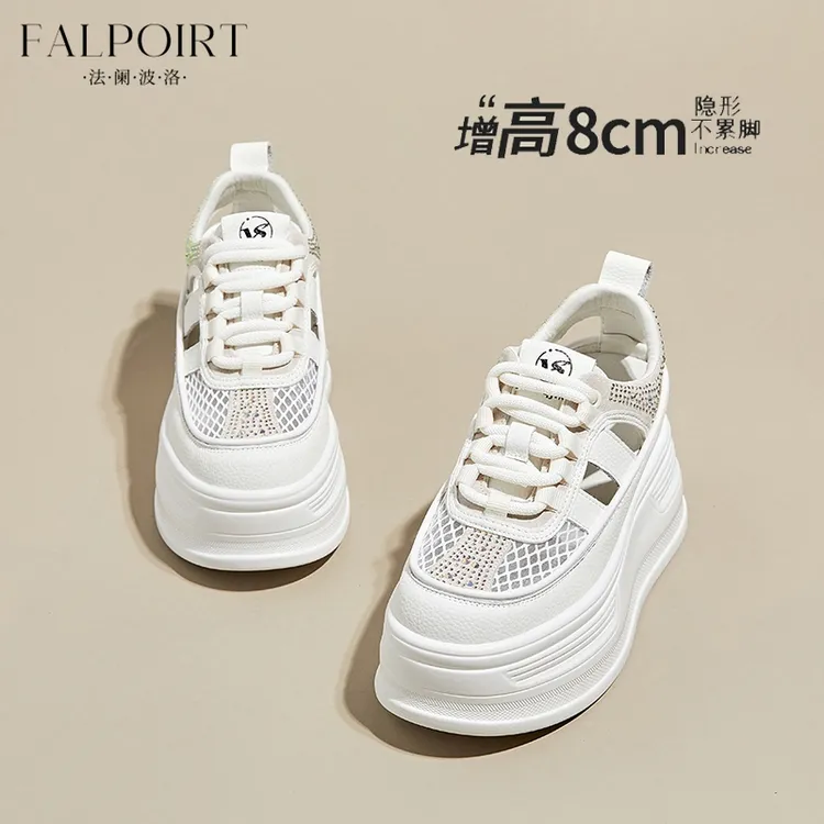 FALPOIRT夏季新款潮流水钻包头凉鞋女松糕厚底镂空网纱小白鞋百搭