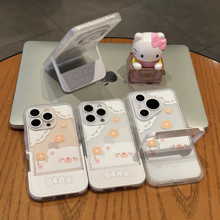 欧克里里小白熊适用苹果16翻盖支架华为P70OPPO小米15vivo手机壳