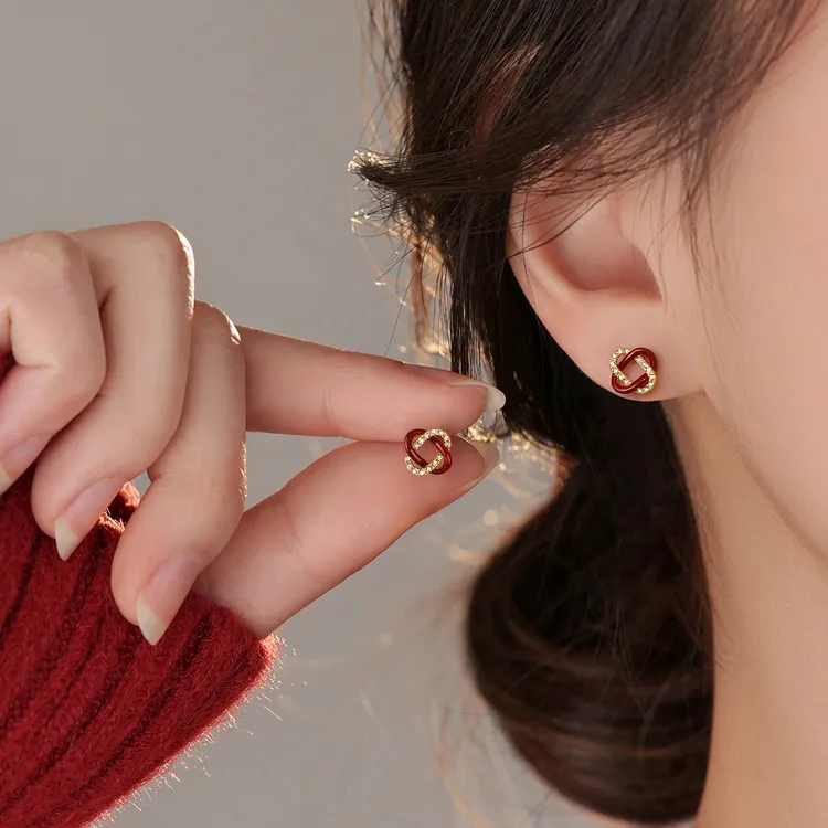 合金耳饰 999银针同心结耳钉红色2026过新本命年马女耳环轻奢小众