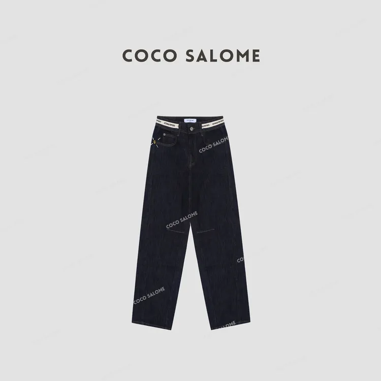 韩彬彬"蓝色妖姬"上班通勤宽松阔腿显瘦时髦百搭牛仔裤0973-5