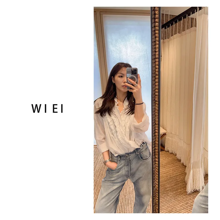 《WI EI》若雪*100苎麻 木耳边 交叉系带 V领 度假风褶皱上衣 R2461