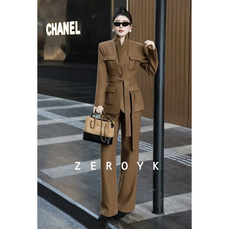 ZEROYK 翎蔻通勤时尚套装女高级感混纺羊毛西服直筒裤通勤两件套