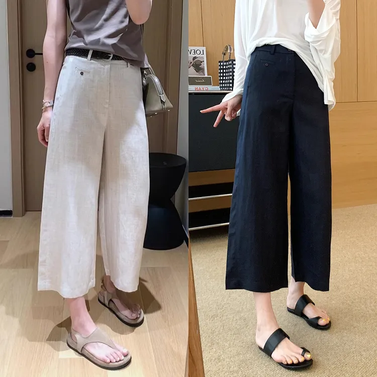 夏季薄款凉感天丝亚麻阔腿裤女小个子百搭高腰垂感八分直筒休闲裤