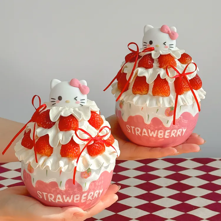 2026圣诞节草莓碗蛋糕装饰卡通蝴蝶结小猫摆件平安夜甜品插件配件