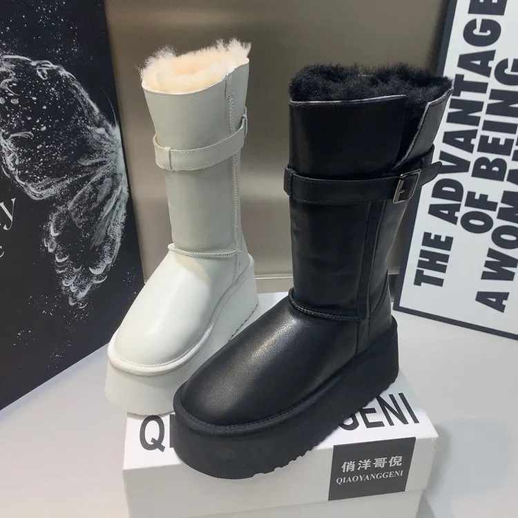 大码女鞋40-43码681-10-1厚底4公分全皮时装羊羔毛精品雪地靴