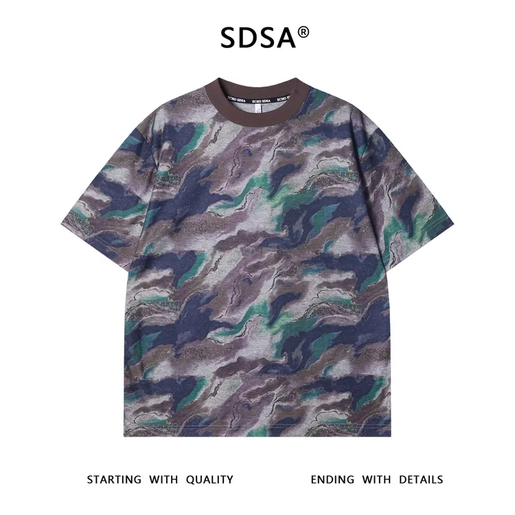 夏季高级感新款男士美式磨毛撞色圆领短袖T恤复古百搭宽松上衣