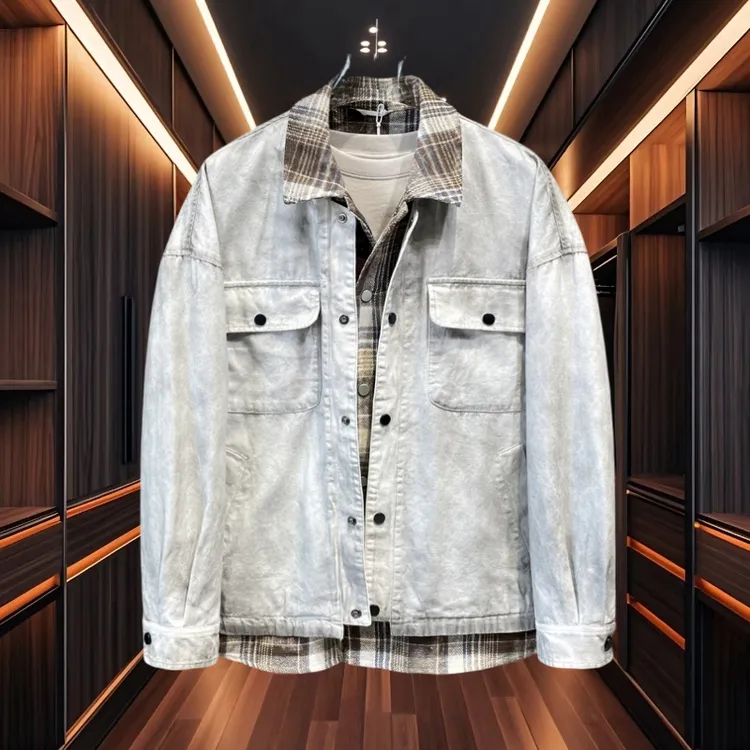 假两件牛仔外套男潮流痞帅春季新款翻领夹克休闲拼接时尚工装上衣