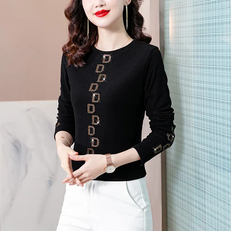 半高领德绒打底衫长袖T恤女春季新款烫钻内搭保暖设计感洋气上衣