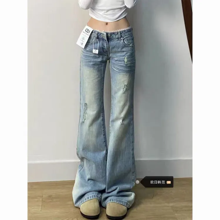 辣妹低腰微喇牛仔裤女春夏浅色弹力百搭穿搭显瘦拖地喇叭裤子长裤