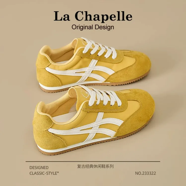 拉夏贝尔黄色德训鞋女2025新款夏季内增高小白鞋复古百搭运动板鞋