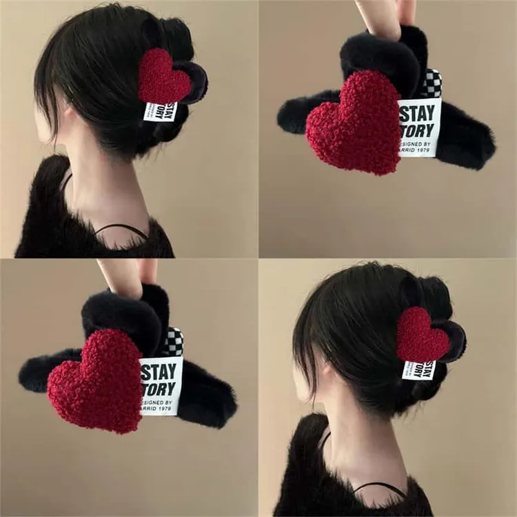 13cm超大毛绒抓夹安可拉红爱心蝴蝶结盘发鲨鱼夹后脑勺发量多夹子