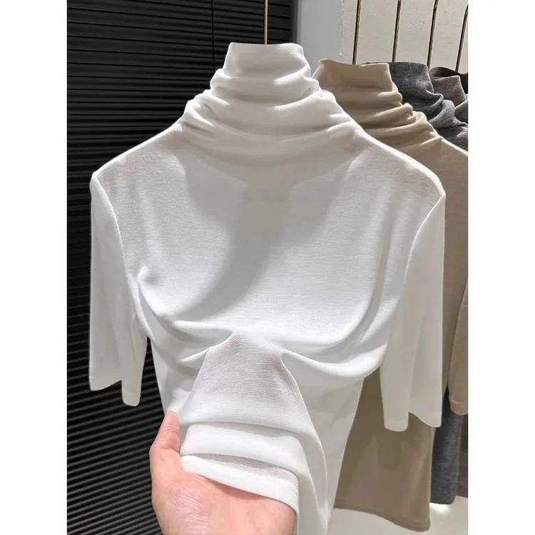 洋气堆堆领五分袖小衫上衣内搭高领打底衫春秋薄款针织中袖T恤女