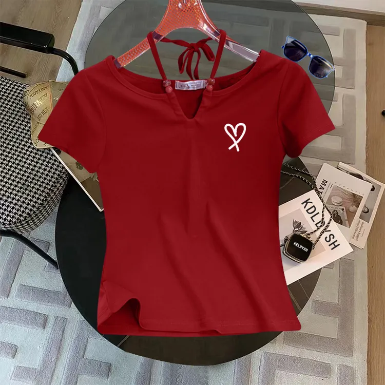 挂脖短袖t恤女2025夏季新款印花露肩修身辣妹短款小众设计感上衣