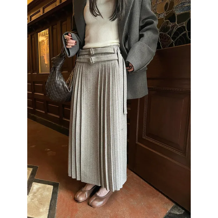 区区欧阳【allgrey铁塔日落】人字纹复古西装绑带直筒百褶长裙女