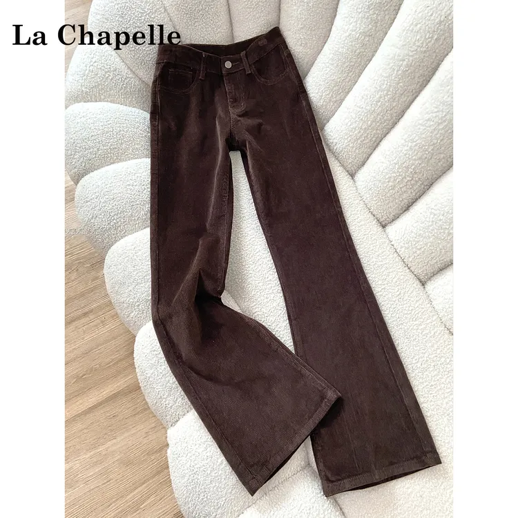 拉夏贝尔咖啡色加绒微喇牛仔裤女2025秋冬新款高腰显瘦修身喇叭裤