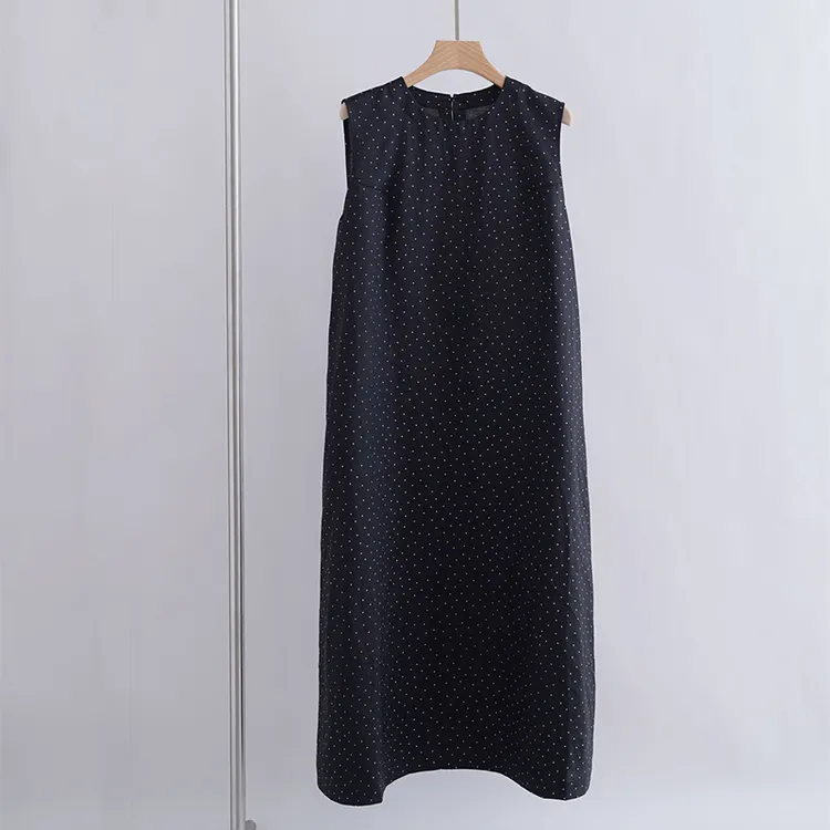外贸折扣店减龄棉麻舒适细波点背心无袖圆领长裙女显瘦宽松连衣裙