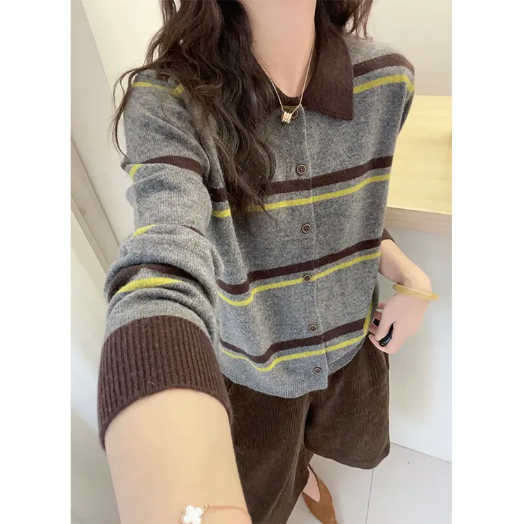 复古撞色polo领条纹针织开衫女秋季新款胖mm宽松显瘦洋气毛衣外套