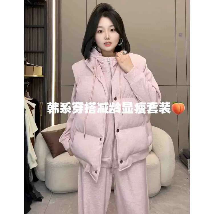 【慧雯儿微胖定制】冬季新款韩系穿搭加绒加厚卫衣棉马甲三件套