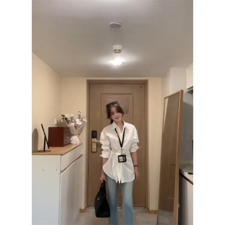 轻奢风绑带修身长袖衬衫高腰百搭牛仔长裤休闲半身裙百搭黑色短裤