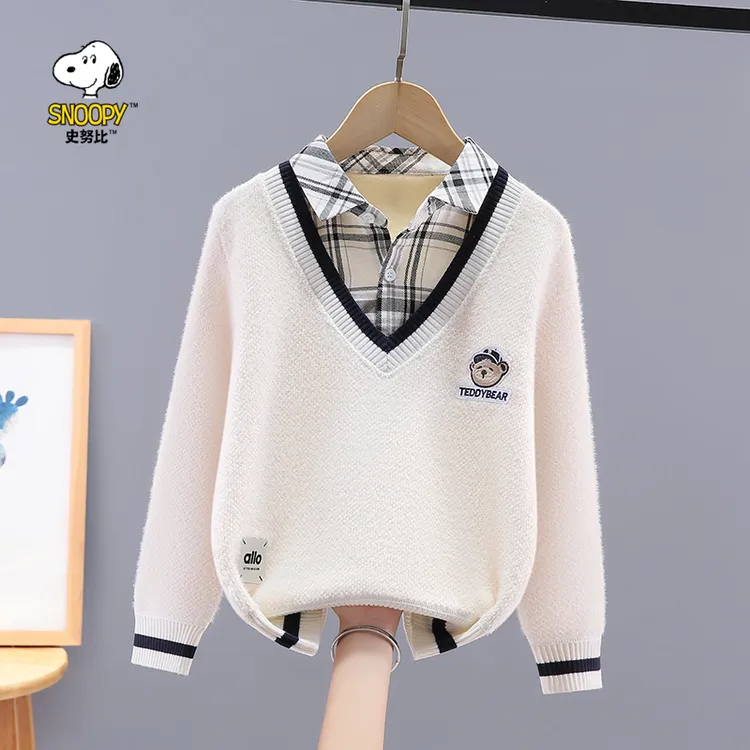 史努比男童毛衣假两件2025秋冬新款儿童衬衫领打底男孩上衣一体绒