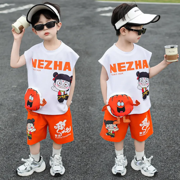 套头薄款夏季男卫衣哪吒南瓜套装男童套装运动无袖帅气篮球服