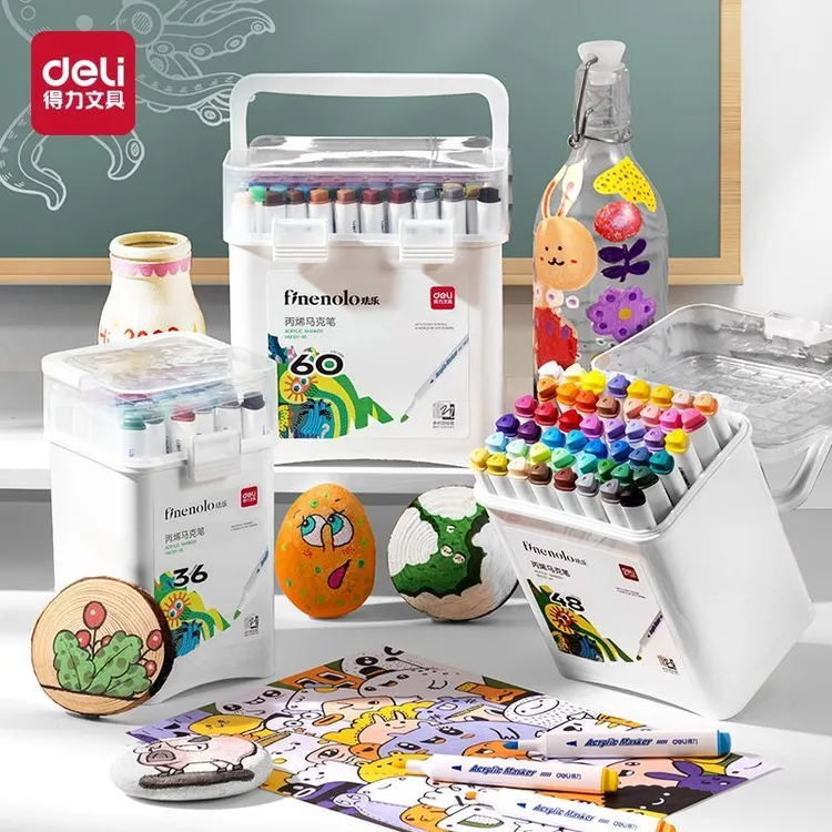 得力丙烯马克笔不透色儿童学生无毒美术水洗专用桶装可叠色水彩笔