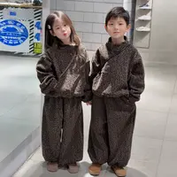 儿童2025秋季新款2025豹纹洋气男女童休闲两件套卫衣裤子加绒套装