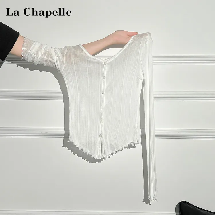 拉夏贝尔慵懒风纯色木耳边防晒长袖开衫女夏季松弛感修身绝美上衣