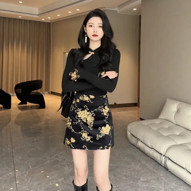 2025秋季新款女装新中式国风盘扣长袖上衣搭显瘦半身裙时尚两件套