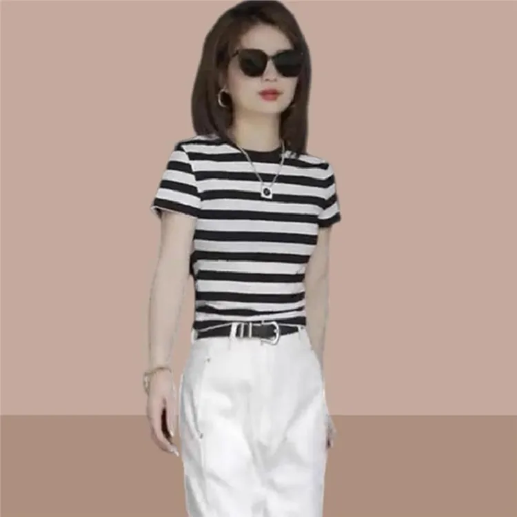 黑白条纹短袖T恤女2025夏季新款欧货修身显瘦休闲百搭减龄上衣服