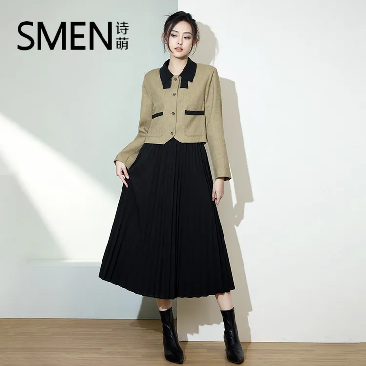 秋季新款小香风气质连衣裙套装女裙子时尚撞色显瘦上衣两件套