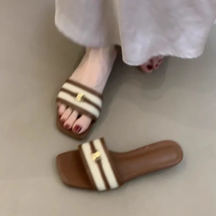 羊皮版~2025新款韩版复古不累脚夏季露趾凉拖鞋女外穿拼接一字拖