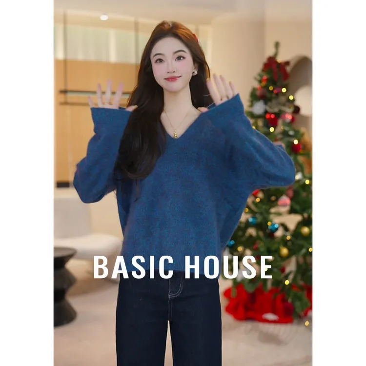 Basic House/百家好琥珀流光百搭V领毛衣女冬内搭上衣B1195B59J42