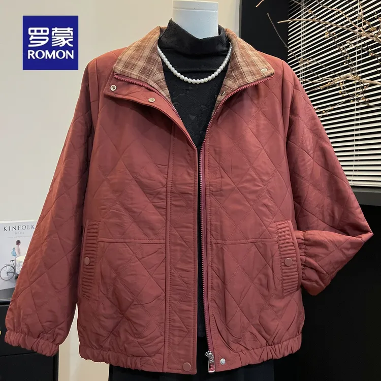 罗蒙妈妈装翻领菱格加厚红色外套2025秋季新款中老年休闲立领上衣