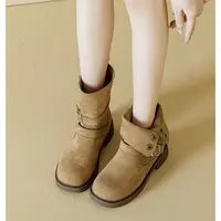 复古绒面两穿搭扣短靴2025冬季新款低跟百搭圆头马丁靴 BSM 8818