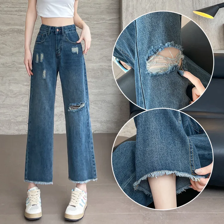 蜜蜜穿搭复古破洞毛边阔腿牛仔裤女2025夏季薄款小个子直筒奶奶裤