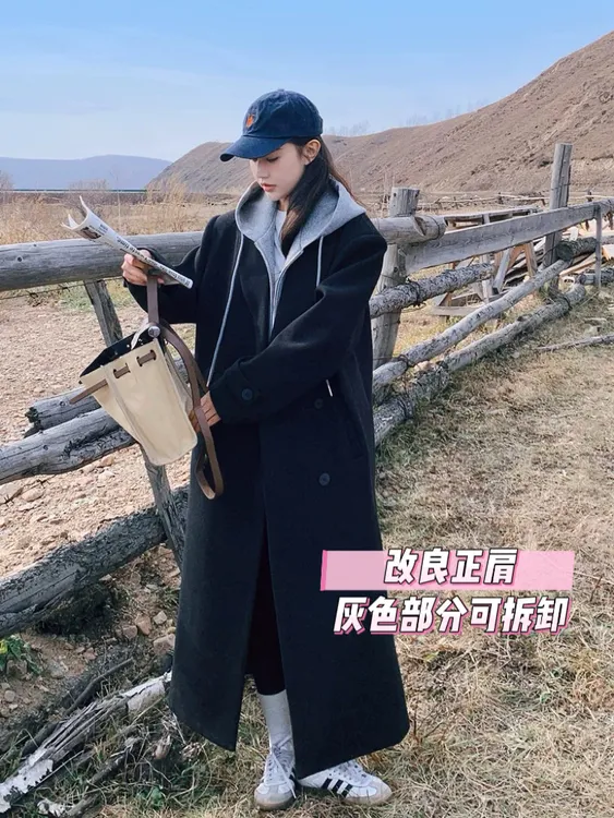 雯雯子定制夹棉加厚黑色假两件撞色毛呢外套女连帽长款呢子大衣