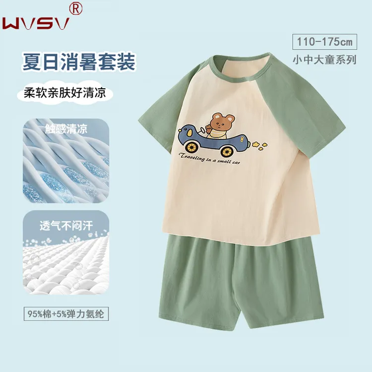 夏季薄款纯棉休闲男童睡衣裤套装新款宽松短袖短裤儿童男孩家居服