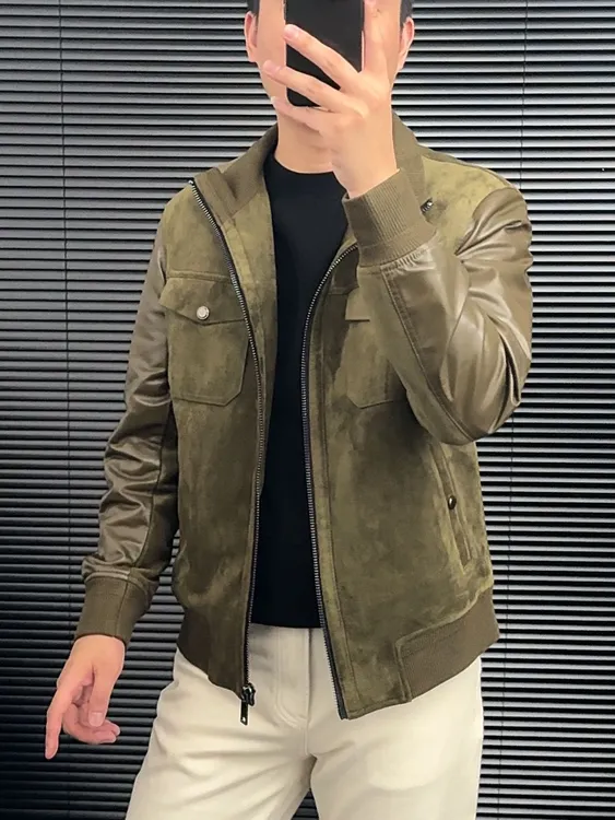 25秋冬休闲口袋拉链拼绵羊皮时尚百搭刺绣立领夹克春秋外套25029
