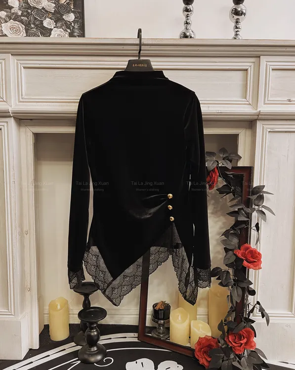 （ 暮纱）蕾丝拼接丝绒长袖t恤女秋冬修身显瘦设计感不规则打底衫