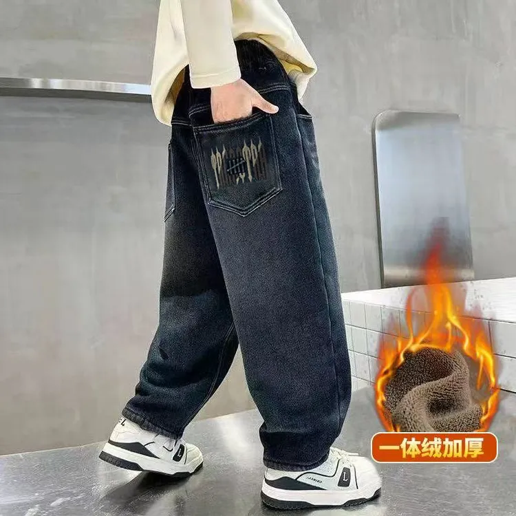男童加绒加厚牛仔裤冬款一体绒特厚保暖抗寒柔软宽松儿童休闲裤子