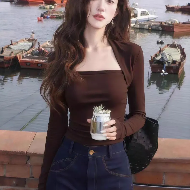 秋冬磨毛加绒修身短款显瘦内搭打底衫新款辣妹上衣方领长袖t恤女