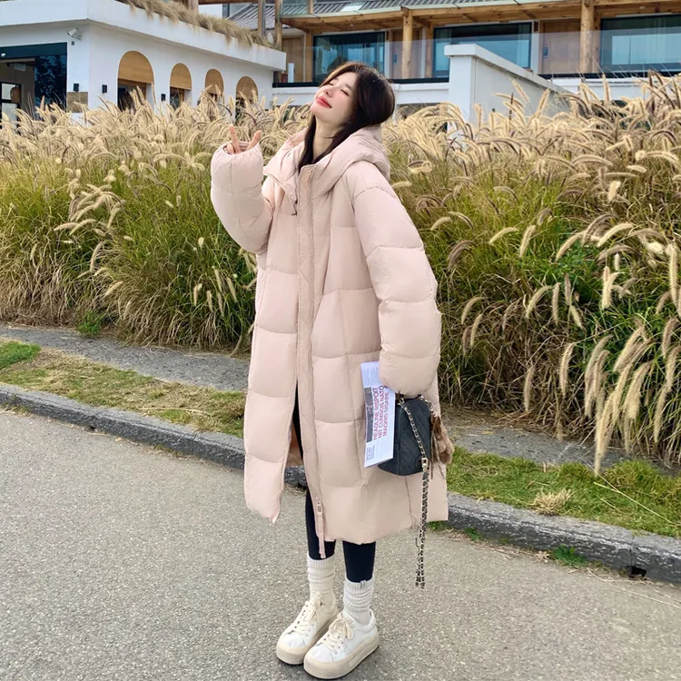 冬季海棠粉长款羽绒服2025新款韩版甜美百搭ins风90白鸭绒面包服