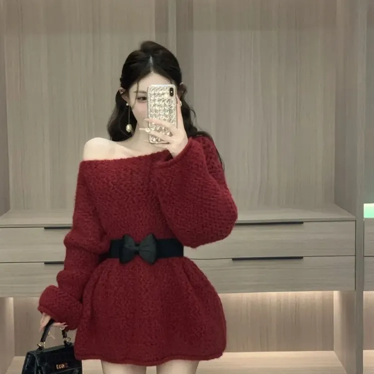 秋冬新款韩系慵懒风蝴蝶结收腰显瘦针织毛衣
