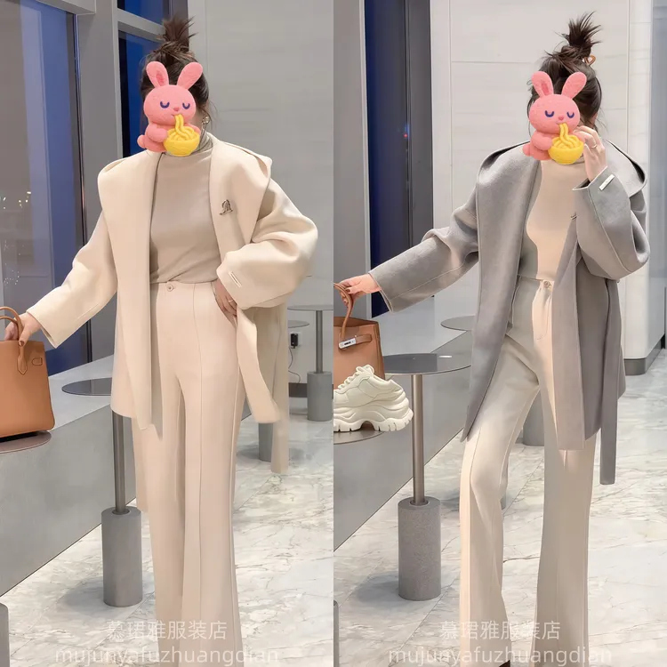 秋冬V领冬季休闲风拼接毛呢外套西装休闲上衣设计感