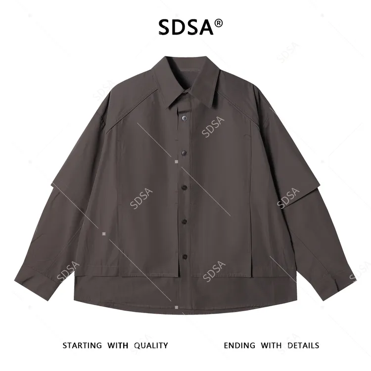 SDSA男士秋冬新款痞帅男装嘻哈纯色假两件纽扣长袖衬衫高街衬衣潮