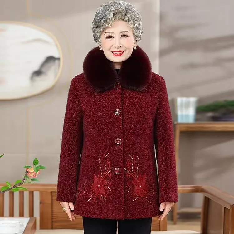 老年人冬装加绒水貂大衣毛呢外套奶奶中老年人妈妈上衣加厚衣服女