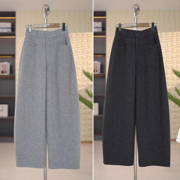 拉夏贝尔加厚毛呢弯刀裤子女2025新款秋冬季高腰宽松显瘦阔腿裤子